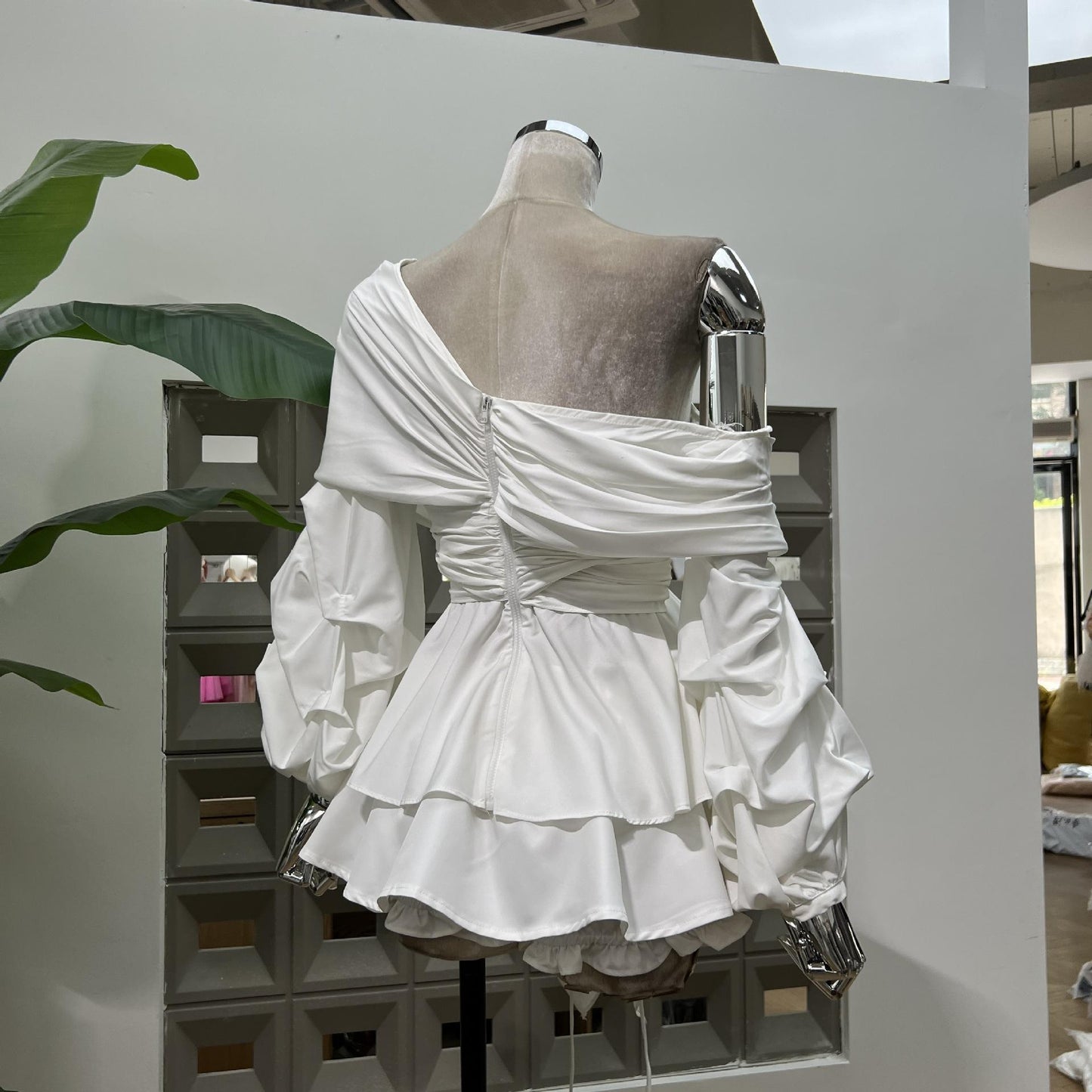 Women's Asymmetric Off-Shoulder Crop-Top Irregular Bow-Waist Puff-Sleeve Party Evening Top