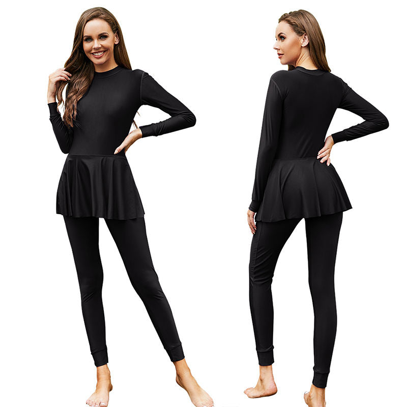 Black Swimwear for Burkini with Bra Padding Long Sleeves Sport Swimsuit Wear Bathing Suit One-piece Swimsuit