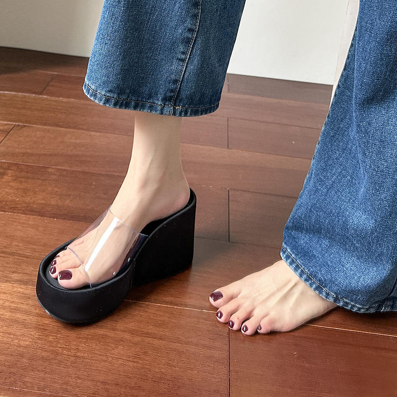 Thick Heel Platform Sandals Women's Summer Casual round Head PVC Material Beach Slippers Transparent Strap Casual Slip-On Shoes