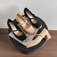 Retro Square Head Mary Jane Shoes Women Comfortable Slip-On High Heels Casual Velvet Upgraded Rubber Sole