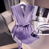 Elegant French style Sleeveless Waist-Cinching Shirt Chic Top Trendy V-Neck Acetate Fabric Urban Style