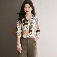 Summer Women Shirt 3D Abstract Line Face Digital Print Long Sleeve Shirt Women Fashion Large Size Lapel Button Down Shirt
