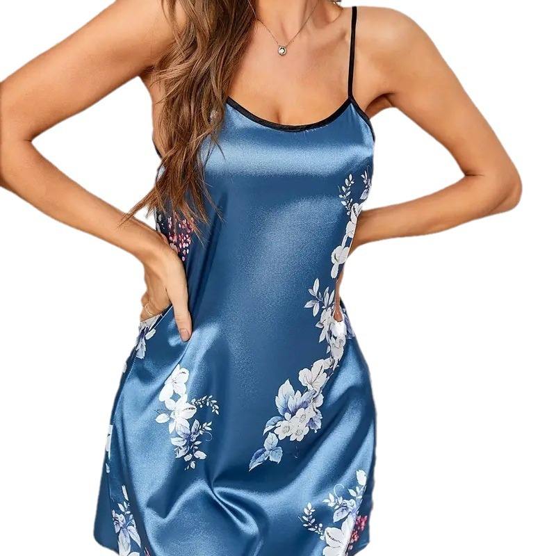 Satin Night Dress Women Nightgown Nightwear Night Shirts Casual Print Mini Dress Big Size Sleepshirt Chemise Nighty White XXL Yp