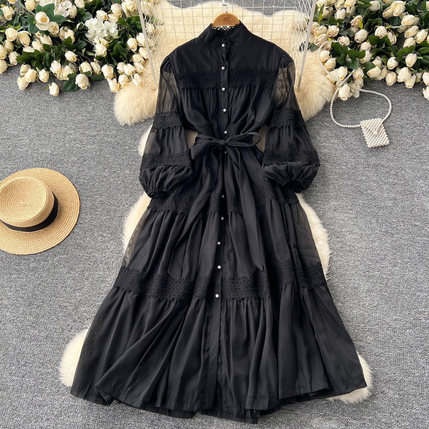 Elegant Hollow Out Organza Long Maxi Dresses Shirt Women  Layer Ruffle Full Sleeve Pearl Evening Party Dress