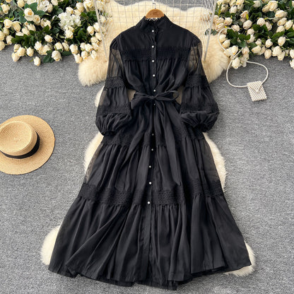 Elegant Hollow Out Organza Long Maxi Dresses Shirt Women  Layer Ruffle Full Sleeve Pearl Evening Party Dress