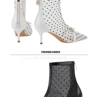 Fashion Women Ankle Boots Pointed Toe Short Pointed Toe Bow Design Thin Low Heels Back Zipper Fashion Boots Air Mesh Boots