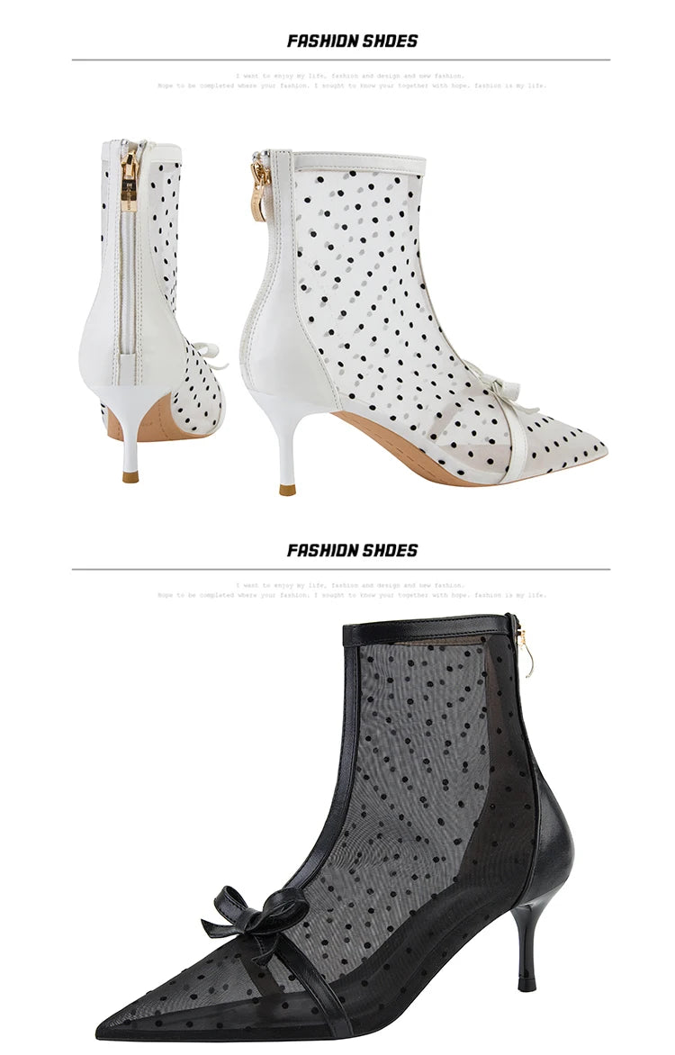 Fashion Women Ankle Boots Pointed Toe Short Pointed Toe Bow Design Thin Low Heels Back Zipper Fashion Boots Air Mesh Boots