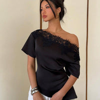 Elegant temperament women's top with lace splicing, sloping collar, waist cinching, solid color, irregular short sleeved top Natalia Home Fashion    Natalia Home Fashion