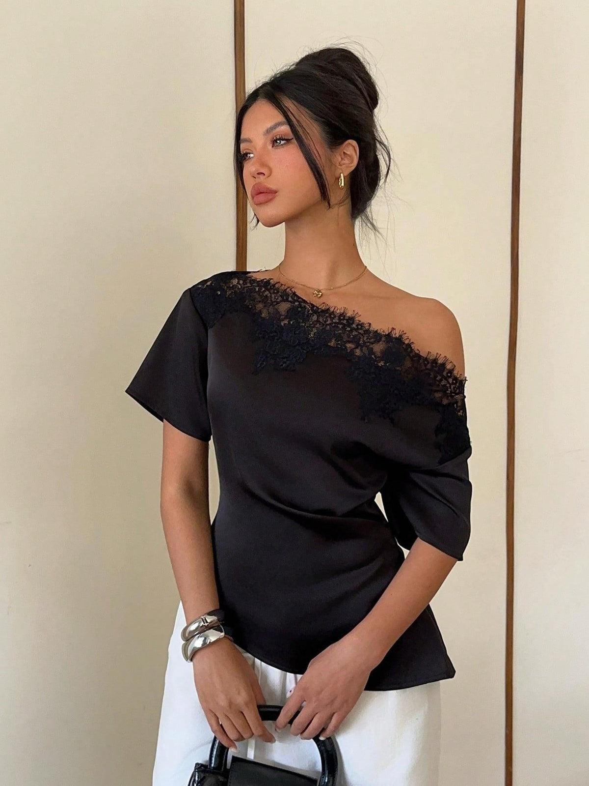 Elegant temperament women's top with lace splicing, sloping collar, waist cinching, solid color, irregular short sleeved top Natalia Home Fashion    Natalia Home Fashion