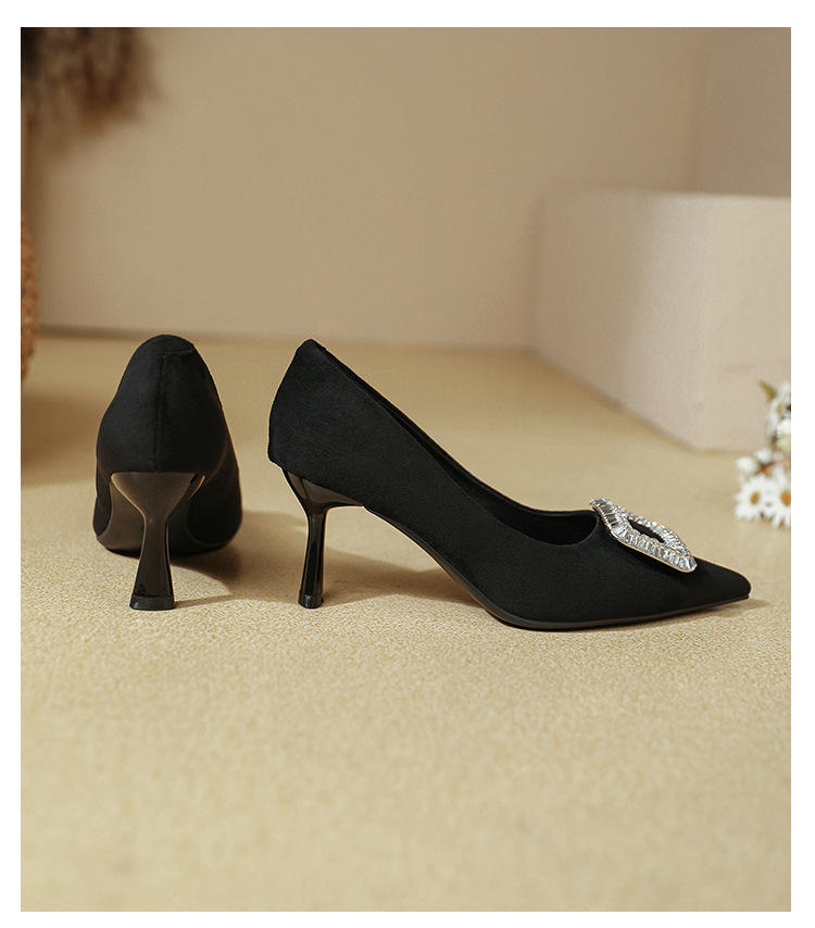 Elegant Retro Pointed Toe High Heels Thin Heel Women's Shoes Comfortable Diamond Embellished Low Cut Fashionable Footwear