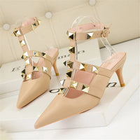 Female Rivets T-strap Sandals Pointy Toe Soft Leather Sexy Women Shoes Comfort 6CM High Heels Ladies Work Dress Shoe