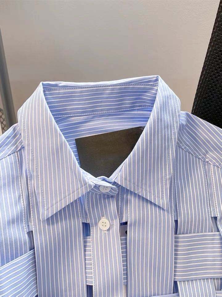 Blue Long Sleeved Striped Shirts for Women Polo Neck Cool and Elegant Women's Shirts