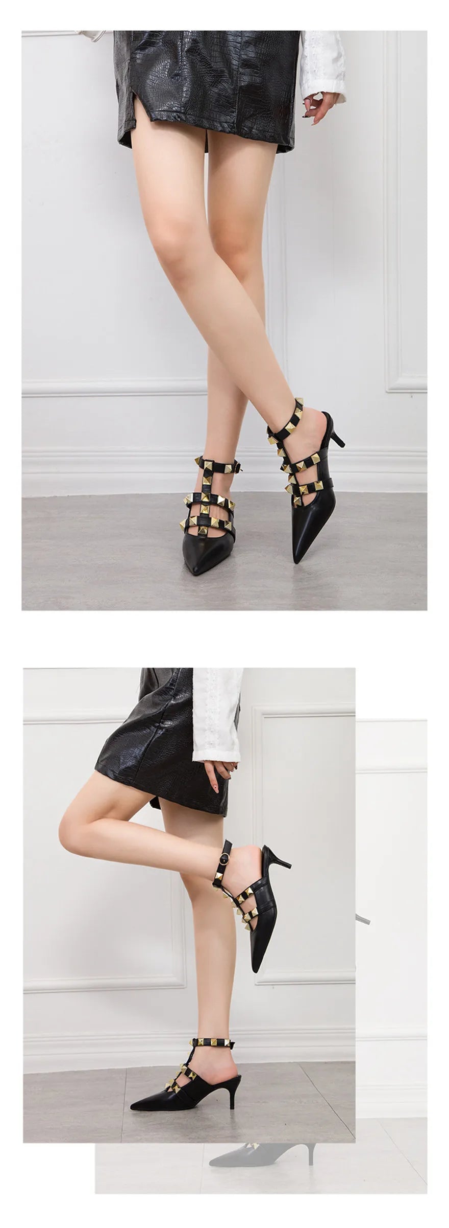 Female Rivets T-strap Sandals Pointy Toe Soft Leather Sexy Women Shoes Comfort 6CM High Heels Ladies Work Dress Shoe