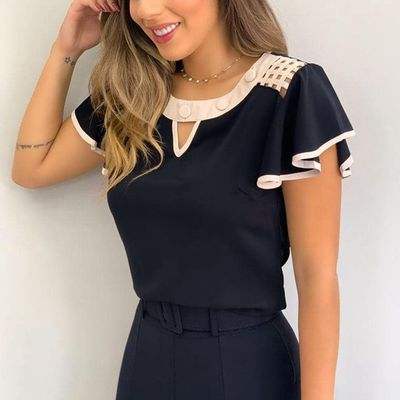 Hollow Out Sexy Lace Blouse Elegant Butterfly Sleeve Solid Blouse Shirt Office Lady O Neck Ruffles Patchwork  Tops Natalia Home Fashion    Natalia Home Fashion