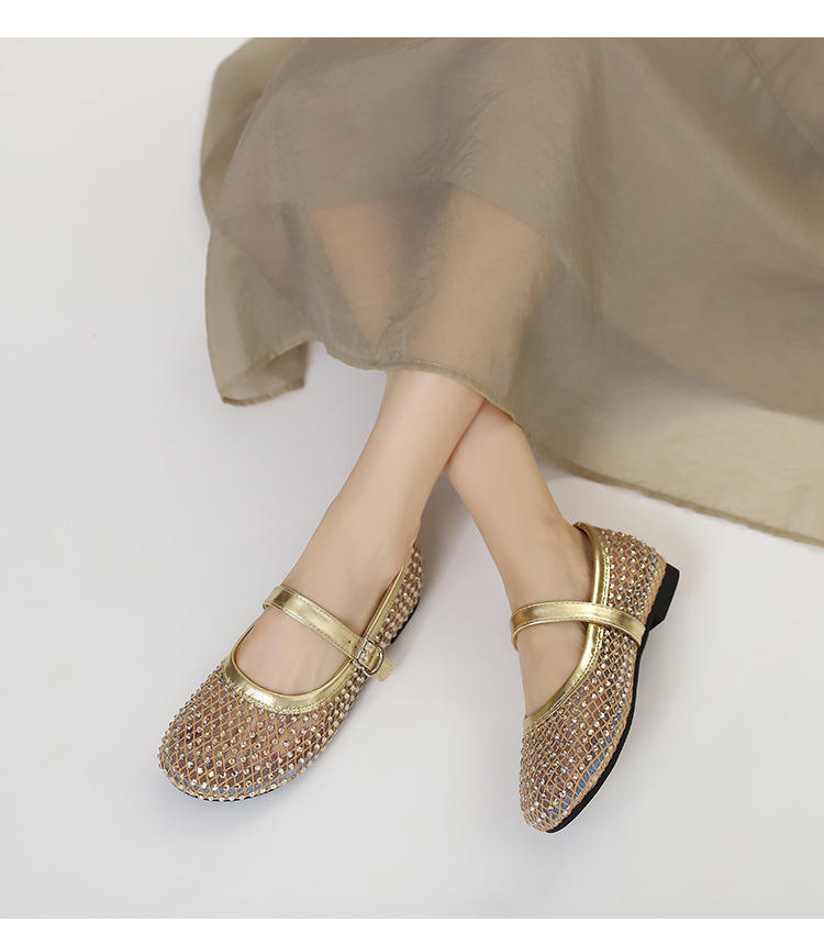 French-style rhinestone mesh Mary Jane shoes, breathable shallow single shoes, fairy-style soft-soled flat shoes