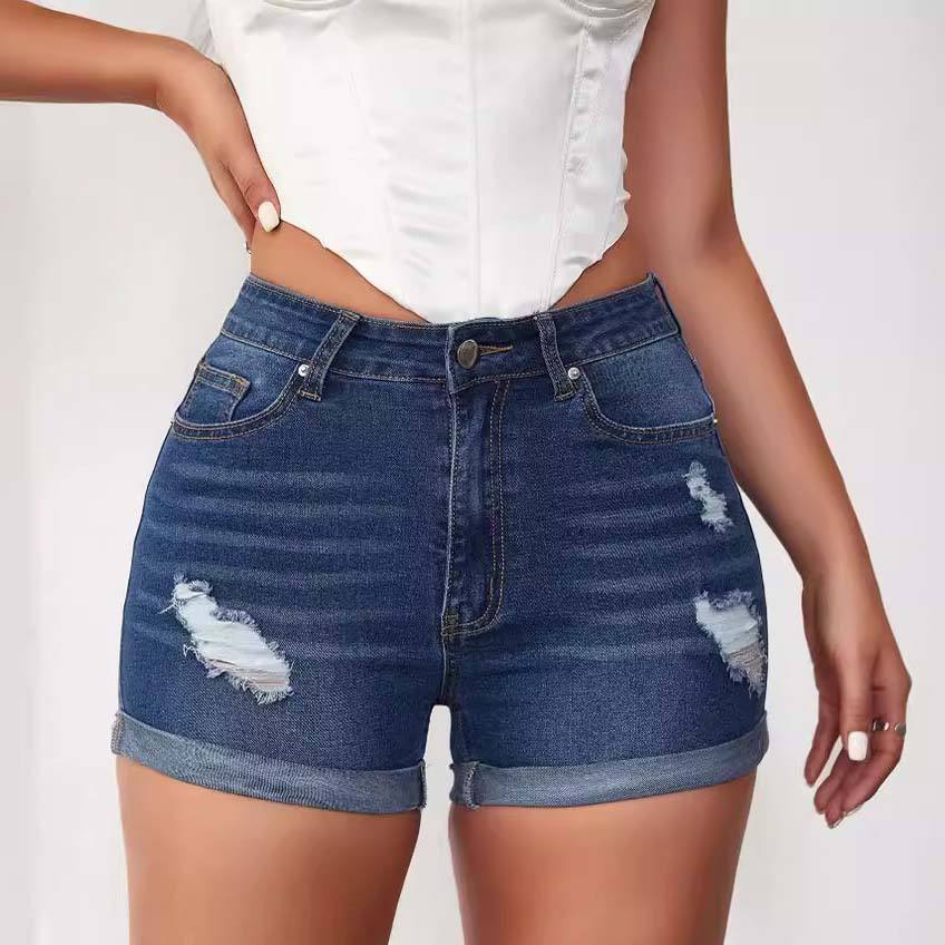 Summer A- Line Women's Denim Shorts High-Waisted Slimming Wide-Leg Rolled Edge Casual Style Blue Stretch Jeans