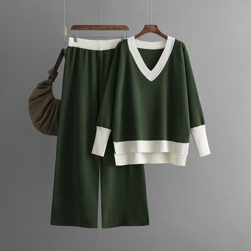 Casual Multicolor Loose Sets V Neck Sweater Solid Wide Legs Long Pants Women Knitwear Thick 2pc Suits Natalia Home Fashion    Natalia Home Fashion