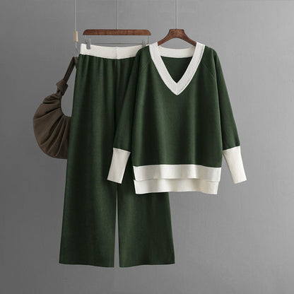 Casual Multicolor Loose Sets V Neck Sweater Solid Wide Legs Long Pants Women Knitwear Thick 2pc Suits Natalia Home Fashion    Natalia Home Fashion