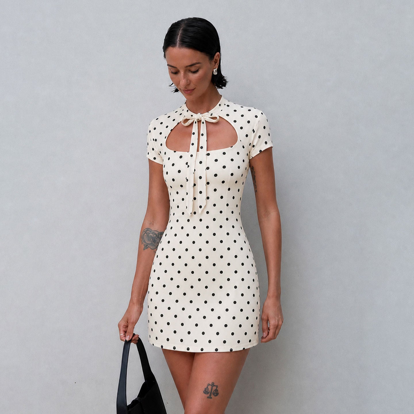 Polka Dot Mini Dresses For Women Casual Short Sleeve Lace Up Collar Dress Sexy Lady Club Party Woman Evening Dress