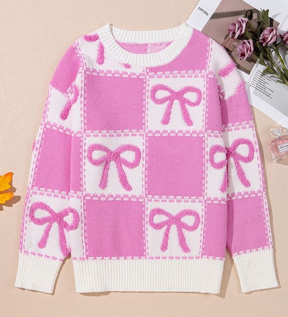 Loose Pink Bow Women's Sweater Fashion O-Neck Long Sleeve Sweater Lady Elegant Chic Pullover Top Female Clothing