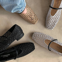 Round Toe Mary Jane Shoes Leather Grape Pattern Retro Style Hollow Weave Upper Low Heel Slip-On Retro Flats