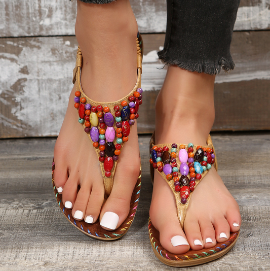 Women's retro casual Roman flat non-slip beaded sandals - Natalia Home Fashion