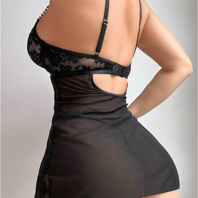 Sexy Embroidered Lace See-through Nightgown Set Two-Piece Fun Intimate Underwear Strapless Mini Skirt Polyester Fiber Thin Fabric