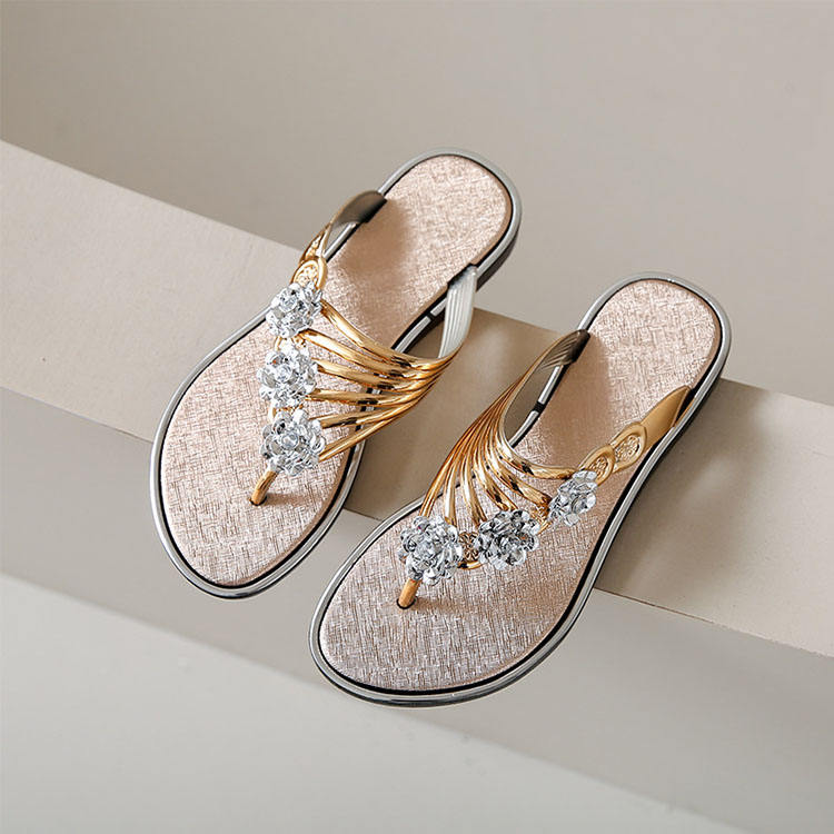 Women's Flat Sandals Summer Outdoor Beach Shoes Silver Clip Board Slippers with Three Flowers And Sequins PVC Material - Natalia Home Fashion