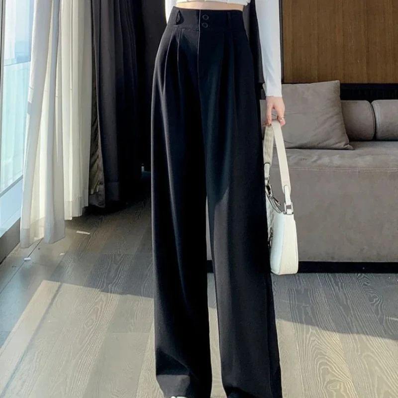 High Waist  Suit Pants Women Straight  Office Ladies Trousers Fashion Button Loose Spring Female Streetwear