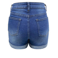 Summer A- Line Women's Denim Shorts High-Waisted Slimming Wide-Leg Rolled Edge Casual Style Blue Stretch Jeans