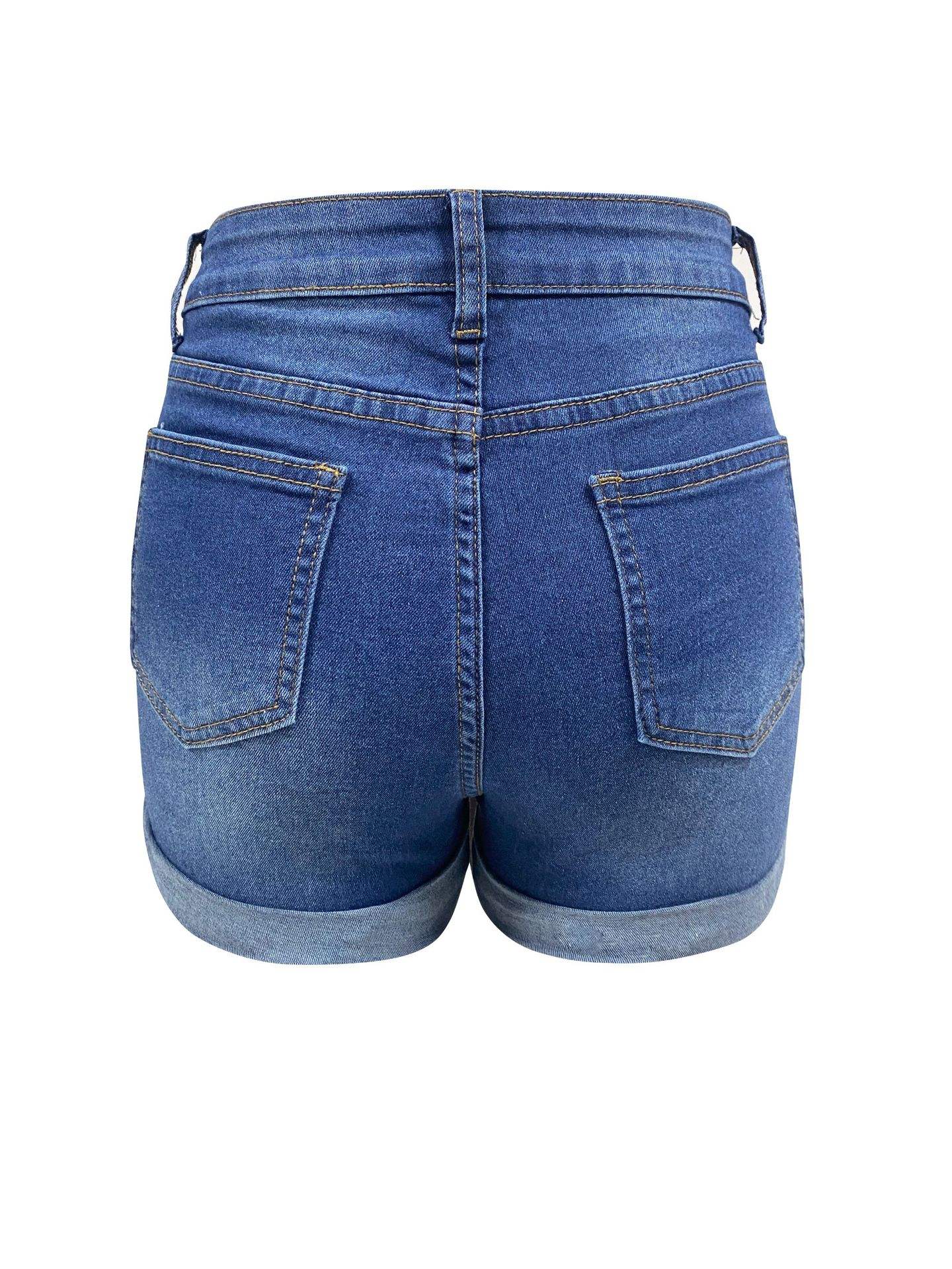 Summer A- Line Women's Denim Shorts High-Waisted Slimming Wide-Leg Rolled Edge Casual Style Blue Stretch Jeans