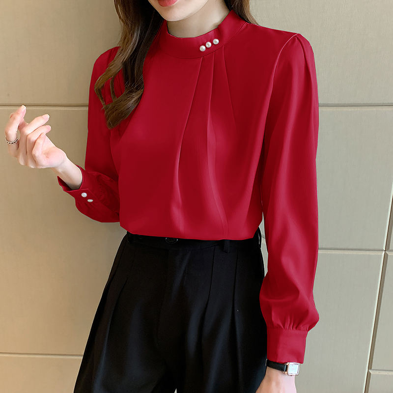 Women's Long-sleeved Fashionable Beaded Base Shirt Niche Chiffon Shirt