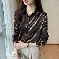 Loose Zebra Print Long Sleeve Silk Shirt Women Blouse Tops Fashion Office Lady Autumn Turn Down Collar Clothes