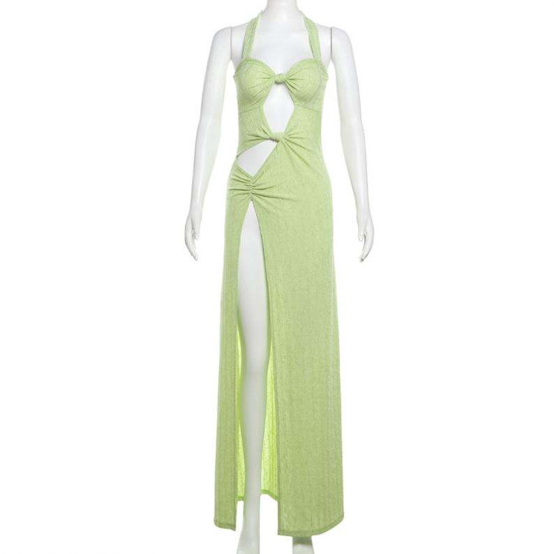 Woman Summer Dress Solid Color Sexy Pullover Dresses Asymmetrical Rucked Backless Long Socialite Style Side Slit Evening Dress