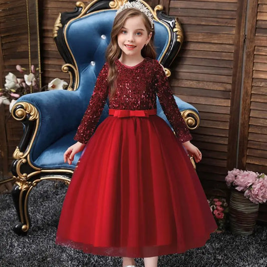Princess Mesh Dress  Girl Party Clothing Kids Sequin Wedding Dresses Children Spring Autumn Prom Costume