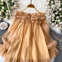 Off Shoulder Sweet Chiffon Top Long Sleeve Elastic French Style Solid Women Vacation Ruffles Loose Dresses