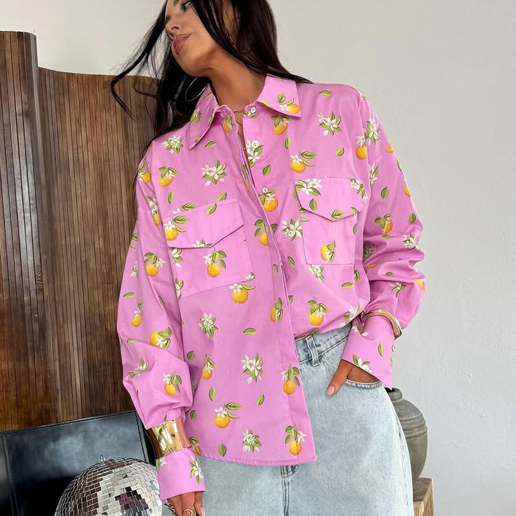 Fashion Loose Print Women's Shirt Casual Lapel Long Sleeve Shirts Elegant Classic Pockets Top Female Blouse