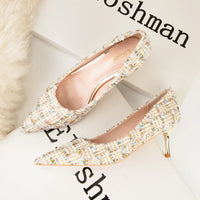 Simple Style New Fashion Sexy Wild Stiletto Metal Heels Pointed Toe Shallow Slim Bling Wedding Women Dress Pumps Shoes
