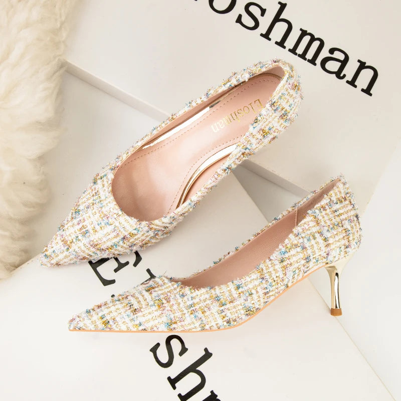 Simple Style New Fashion Sexy Wild Stiletto Metal Heels Pointed Toe Shallow Slim Bling Wedding Women Dress Pumps Shoes