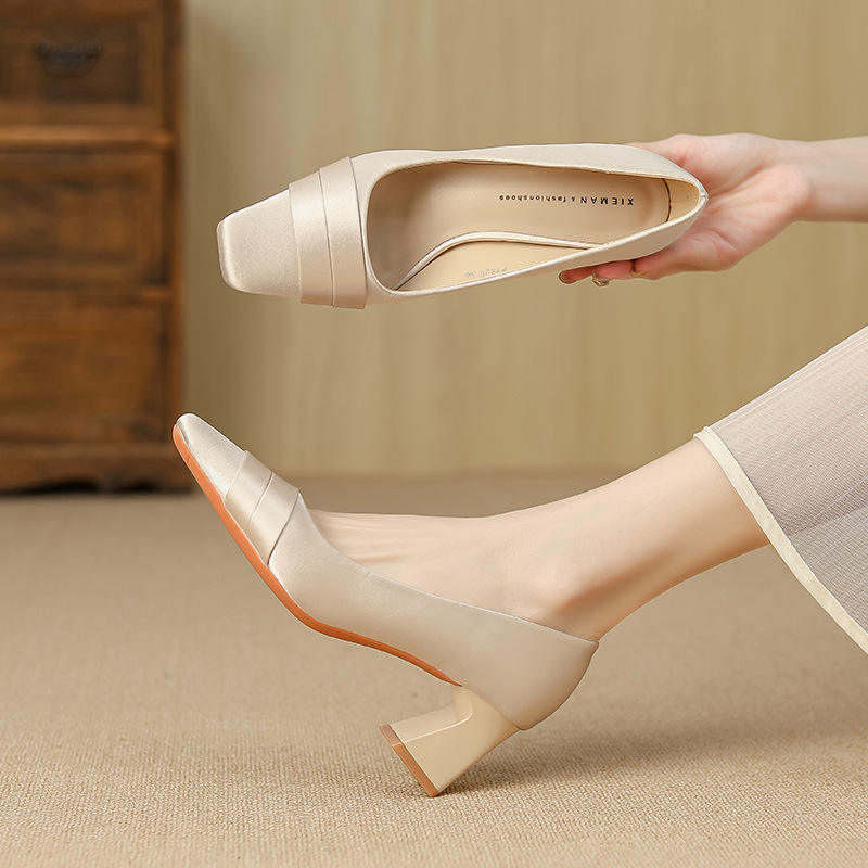 Elegant Satin High Heels Square Toe Slip-On Chunky Heel Comfortable Women's Shoes for Party Fashion Footwear