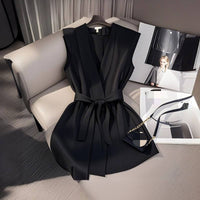 Elegant French style Sleeveless Waist-Cinching Shirt Chic Top Trendy V-Neck Acetate Fabric Urban Style
