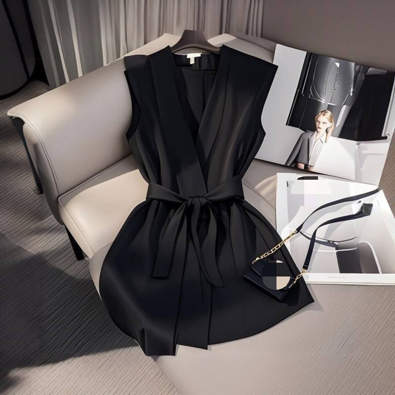 Elegant French style Sleeveless Waist-Cinching Shirt Chic Top Trendy V-Neck Acetate Fabric Urban Style
