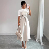 Women's Elegant Turn-down Collar Puff Sleeve Lace-up High Waist Spliced False Two-piece A-line Midi Dress for Office Daily casual Wear Natalia Home Fashion    Natalia Home Fashion