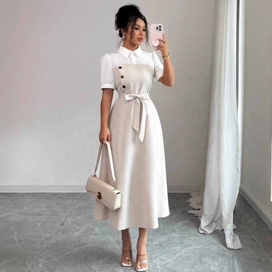 Women's Elegant Turn-down Collar Puff Sleeve Lace-up High Waist Spliced False Two-piece A-line Midi Dress for Office Daily casual Wear Natalia Home Fashion    Natalia Home Fashion