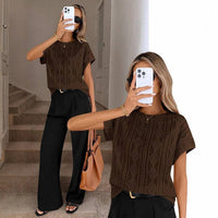 Women's Casual Round Neck Jacquard Short Sleeve Top T-shirt Leisure Commute Women Clothing