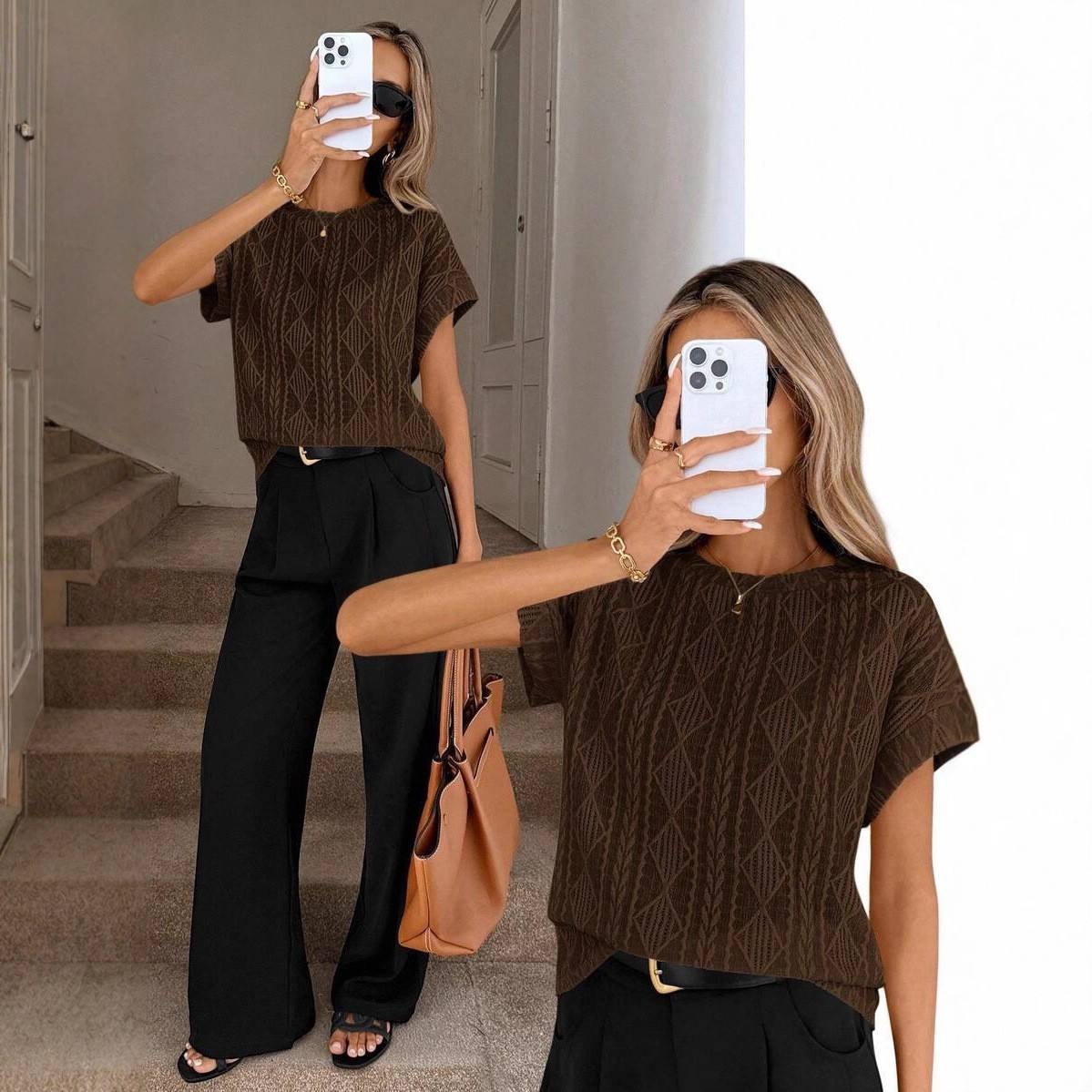 Women's Casual Round Neck Jacquard Short Sleeve Top T-shirt Leisure Commute Women Clothing