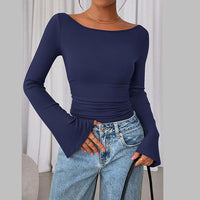 Solid Color Boat Collar Flared Sleeve T-shirt for Women Slim Fit Pleated Slim Top Long Sleeves Natalia Home Fashion    Natalia Home Fashion