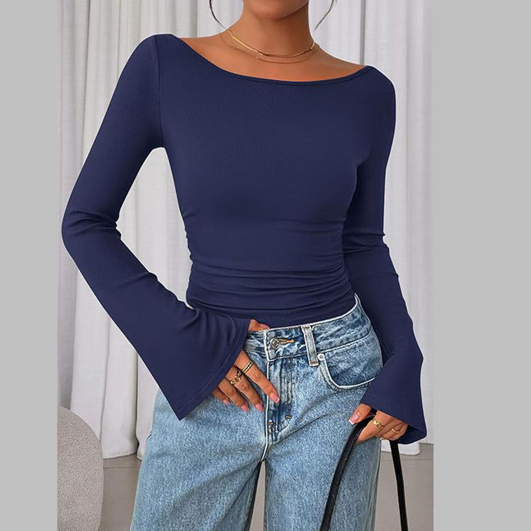 Solid Color Boat Collar Flared Sleeve T-shirt for Women Slim Fit Pleated Slim Top Long Sleeves Natalia Home Fashion    Natalia Home Fashion