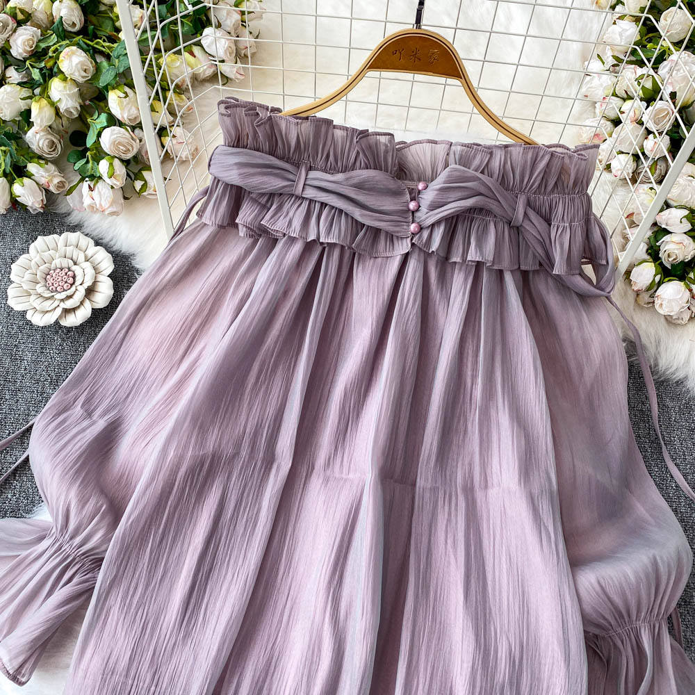 Off Shoulder Sweet Chiffon Top Long Sleeve Elastic French Style Solid Women Vacation Ruffles Loose Dresses