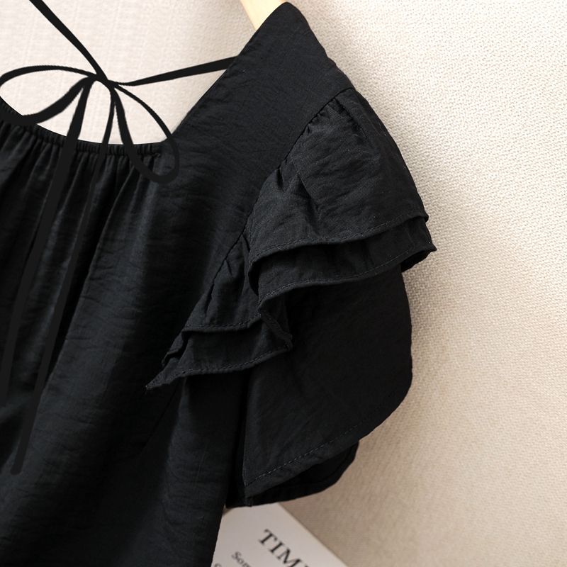 Loose Summer Top Black Square Collar Short Sleeve Women's Fashion plus Size Clothing Breathable Comfortable Cotton Fabric